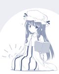  beckoning book dress greyscale hat kazawa_(tonzura-d) long_hair mob_cap monochrome patchouli_knowledge sitting touhou 