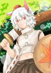  animal_ears detached_sleeves hat inubashiri_momiji leaf maple_leaf over_shoulder red_eyes shield short_hair silver_hair skirt solo sword sword_over_shoulder tokin_hat touhou weapon weapon_over_shoulder wolf_ears yagimiwa 