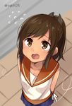  blue_skirt brown_eyes brown_hair flying_sweatdrops from_above i-401_(kantai_collection) kantai_collection looking_up open_mouth pavement pleated_skirt ponytail sailor_collar skirt solo twitter_username yukichi_(eikichi) 