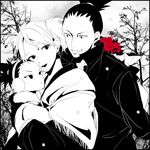  2boys black_hair bouquet carrying earmuffs family father_and_son flower greyscale husband_and_wife long_hair monochrome mother_and_son multiple_boys nara_shikadai nara_shikamaru naruto naruto_(series) ponytail red_flower red_rose rina_(13135785) rose spot_color temari 
