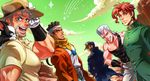  anz dark_skin dark_skinned_male dog dutch_angle hat iggy_(jojo) jean_pierre_polnareff jojo_no_kimyou_na_bouken joseph_joestar kakyouin_noriaki kuujou_joutarou mohammed_avdol multiple_boys sky 