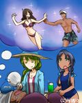  3girls :o admiral_(kantai_collection) ashigara_(kantai_collection) blue_hair breasts brown_hair cleavage closed_eyes dated dreaming drink drinking_straw fan fanning fanning_face green_eyes green_hair hamu_koutarou hat kantai_collection long_hair looking_up medium_breasts multiple_girls navel one-piece_swimsuit peaked_cap reaching saliva school_swimsuit sleeping smile sparkle sun_hat suzukaze_(kantai_collection) swimsuit tan thought_bubble twintails yuugumo_(kantai_collection) 
