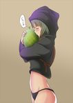  bad_id bad_pixiv_id black_panties blush closed_eyes food fruit grey_hair hood isis-chan isis_(terrorist_group) kiss melon no_pants object_kiss original panties solo tai_(nazutai) underwear 