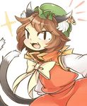  animal_ears bow brown_hair cat_ears cat_tail chen earrings fang hat ibaraki_natou jewelry multiple_tails nekomata open_mouth short_hair smile solo tail touhou 
