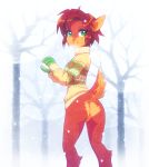  2019 anthro bottomless breasts brown_hair butt cervine clothed clothing elora faun featureless_crotch female green_eyes hair kempferzero looking_at_viewer looking_back mammal mittens outside rear_view short_hair smile snow snowball snowing solo spyro_the_dragon standing sweater tree video_games winter 
