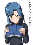 blue_hair blush book embarrassed frown holding holding_book idolmaster idolmaster_million_live! lielos long_sleeves looking_at_viewer nanao_yuriko ribbed_sweater short_hair solo standing sweatdrop sweater turtleneck upper_body white_background yellow_eyes 