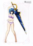  absurdres barefoot blue_hair bra breasts cleavage full_body high_school_dxd highres large_breasts looking_at_viewer navel non-web_source panties shiny shiny_skin short_hair smile sword underwear underwear_only weapon xenovia_quarta yellow_eyes 