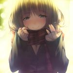  bad_id bad_pixiv_id blazer blue_eyes blush brown_hair full-face_blush highres jacket looking_at_viewer original plaid plaid_scarf scarf scarf_pull school_uniform smile solo sweater vip 