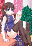  blue_eyes brown_hair china_dress chinese_clothes dress elbow_gloves gloves long_hair md5_mismatch no_panties original single_elbow_glove solo thighhighs tsukino_neru 