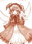  blush chestnut_mouth drill_hair eastern_and_little_nature_deity fairy_wings luna_child monochrome open_mouth sash solo touhou wings yuran_(kuen-hien) 