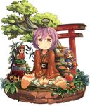  3girls amakoke apple barefoot blonde_hair bowl brown_hair calligraphy_brush crossover food fruit hakumei_(hakumei_to_mikochi) hakumei_to_mikochi hat highres issun japanese_clothes jar kimono long_hair mikochi_(hakumei_to_mikochi) minigirl multiple_girls mushroom no_hat no_headwear obi ookami_(game) paintbrush purple_hair red_eyes sash short_hair smile sukuna_shinmyoumaru torii touhou tree 