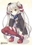  amatsukaze_(kantai_collection) bekotarou brown_eyes downscaled dress hairband highres jpeg_artifacts kantai_collection long_hair md5_mismatch resized sailor_dress scarf short_dress silver_hair smile solo squatting twitter_username two_side_up uniform windsock 
