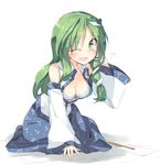  ;d bra breasts cleavage commentary detached_sleeves flying_sweatdrops frog_hair_ornament green_eyes green_hair hair_ornament hand_behind_head kochiya_sanae long_hair looking_at_viewer medium_breasts nontraditional_miko one_eye_closed open_mouth satou_kibi simple_background sitting sketch smile snake_hair_ornament solo sweat touhou underwear white_background 