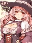  blush breasts cleavage cleavage_cutout corset fingerless_gloves fullbokko_heroes gloves hat large_breasts long_hair looking_at_viewer merlin_(fullbokko_heroes) pink_hair red_eyes shigatake simple_background smile solo translation_request witch_hat 