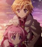  1boy 1girl blonde_hair cinque_izumi dog_days millhiore_f._biscotti millhiore_f_biscotti pink_hair purple_eyes screencap shinku_izumi sunset 