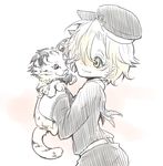  bad_id bad_pixiv_id blonde_hair freckles gokotai gokotai's_tigers hair_over_one_eye hat holding male_focus ouno_(tamaruma) simple_background sketch smile solo tiger tiger_cub tongue tongue_out touken_ranbu white_background yellow_eyes 