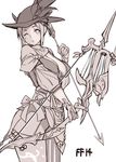  animal_ears bow_(weapon) breasts cat_ears cleavage copyright_name final_fantasy final_fantasy_xiv hat houtengeki image_sample looking_at_viewer miqo'te monochrome pixiv_sample simple_background solo weapon white_background 