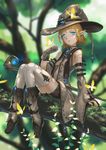  bad_id bad_pixiv_id bare_shoulders blonde_hair blurry boots bug butterfly depth_of_field detached_sleeves earrings forest gloves glowing grey_gloves hat in_tree insect jewelry long_sleeves nature official_art original pointy_ears scenery seeker shirt shorts single_glove sitting sitting_in_tree solo staff thighhighs tree vest white_legwear wide_sleeves witch_hat 