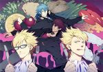  blonde_hair blue_hair dramatical_murder earrings food fork glasses headphones headphones_around_neck honya_lala hood hoodie jewelry knife licking_lips mizuki_(dramatical_murder) multiple_boys official_art red_hair scan seragaki_aoba tattoo tongue tongue_out trip_(dramatical_murder) virus_(dramatical_murder) 