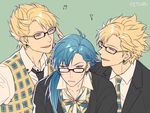  annoyed bad_id bad_pixiv_id bespectacled blazer blonde_hair blue_hair dramatical_murder earrings glasses jacket jewelry long_hair male_focus multiple_boys necktie palru_s2 plaid plaid_neckwear ribbon seragaki_aoba smile trip_(dramatical_murder) vest virus_(dramatical_murder) 