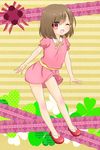  bad_id bad_pixiv_id bare_legs brown_hair child clover clover_print dress four-leaf_clover full_body highres no_socks one_eye_closed open_mouth original pink_dress red_eyes shoes short_dress short_hair smile solo takanashi_miki 