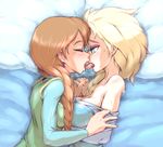  anna_(frozen) bad_id bad_pixiv_id bare_shoulders blonde_hair breasts brown_hair cleavage elsa_(frozen) eyeshadow freckles frozen_(disney) highres holding_hands incest kiss large_breasts long_hair makeup moyoosu multiple_girls raised_eyebrows saliva siblings sisters sweat yuri 