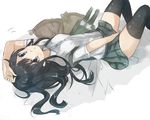  arm_on_head asashio_(kantai_collection) bad_id bad_pixiv_id between_legs black_hair black_legwear grey_eyes hand_between_legs highres kantai_collection long_hair lying murakami_meishi on_back pillow pleated_skirt skirt solo suspenders thighhighs white_background 