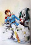  1boy amuro_ray boots brown_hair chair gundam male male_focus military military_uniform mobile_suit_gundam official_art sitting solo uniform yasuhiko_yoshikazu 