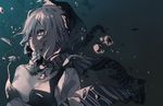  bubble highres hood hoodie itohana kantai_collection o-ring o-ring_top open_mouth pale_skin re-class_battleship red_eyes scarf shinkaisei-kan short_hair solo teeth torn_clothes underwater white_hair 