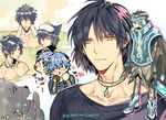  ^q^ blue_hair cloak dog dramatical_murder funpjinju heart jewelry male_focus multiple_boys multiple_persona necklace ren_(dramatical_murder) seragaki_aoba tongue tongue_out towel towel_on_head water yellow_eyes 
