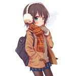  bag blue_eyes blush breath brown_hair coat cowboy_shot dennou_usagi earmuffs hand_in_pocket looking_at_viewer mittens orange_scarf original pantyhose plaid plaid_scarf plaid_skirt scarf school_bag school_uniform short_hair simple_background skirt solo standing white_background winter_clothes winter_coat 