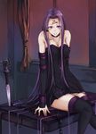  bare_shoulders breasts chain cleavage collar dress elbow_gloves facial_mark fate/stay_night fate_(series) forehead_mark gloves highres long_hair medium_breasts miyabi_(m_sakura586) nameless_dagger purple_eyes purple_hair rider sitting sleeveless solo strapless strapless_dress thighhighs very_long_hair 