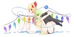  back-to-back bad_id bad_pixiv_id black_legwear black_panties blonde_hair dclockwork eyeball flandre_scarlet green_eyes green_hair hair_ribbon highres komeiji_koishi leg_hug multiple_girls no_pants open_clothes open_mouth open_shirt panties puffy_short_sleeves puffy_sleeves red_eyes ribbon shirt short_sleeves side-tie_panties side_ponytail sitting thighhighs third_eye touhou trait_connection underwear white_legwear white_panties wings 