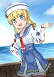  blonde_hair blue_eyes braid cloud day dixie_cup_hat hat highres long_hair looking_at_viewer military_hat monster_hunter monster_hunter_3_g ocean open_mouth quest_receptionist_(monster_hunter_3_ultimate) solo thighhighs twin_braids wisewolf_art 
