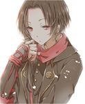  bad_id bad_pixiv_id bloom brown_hair earrings hiro_(hirohiro31) jewelry kashuu_kiyomitsu long_hair male_focus mole mole_under_mouth nail_polish ponytail red_eyes red_nails simple_background solo touken_ranbu upper_body white_background 