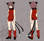  :3 alternate_costume animal_ears aoshima breasts brown_hair cat_ears cat_tail chen commentary_request contemporary earrings highres jewelry kneepits looking_at_viewer medium_breasts multiple_tails multiple_views nekomata paw_print shirt short_hair short_shorts shorts single_earring sleeveless sleeveless_shirt smile socks tail touhou turnaround turtleneck two_tails 