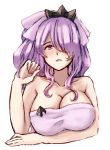  1girl alternate_hairstyle breasts camilla_(fire_emblem_if) cleavage fire_emblem fire_emblem_heroes fire_emblem_if hair_over_one_eye highres large_breasts lips long_hair looking_at_viewer nagisa_fe nintendo ponytail purple_eyes purple_hair solo towel very_long_hair wavy_hair 