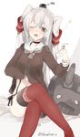  amatsukaze_(kantai_collection) blush brown_eyes commentary_request crossed_legs dress gloves hair_twirling kantai_collection lifted_by_self long_hair red_legwear rensouhou-kun sailor_dress short_dress silver_hair sino_(sionori) sleepy solo tears thighhighs twitter_username two_side_up wavy_mouth wince 