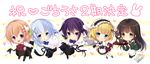  ama_usa_an_uniform anko_(gochiusa) announcement_celebration azuma_yuki blonde_hair blue_eyes blue_hair blush brown_hair chibi fleur_de_lapin_uniform gochuumon_wa_usagi_desu_ka? green_eyes hair_ornament hairclip hoto_cocoa kafuu_chino kirima_sharo long_hair looking_at_viewer multiple_girls pantyhose purple_eyes purple_hair rabbit_house_uniform short_hair smile tedeza_rize thighhighs tippy_(gochiusa) ujimatsu_chiya waitress x_hair_ornament 