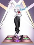  blue_hair braid commentary_request dancing death_parade earrings flyers highres jewelry kyuutou_(kyuutouryuu) nona_(death_parade) pale_skin sandals solo 