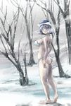  ass bare_legs barefoot bikini breasts breath commentary_request footprints hat large_breasts letty_whiterock looking_at_viewer midriff pale_skin short_hair sideboob silver_eyes silver_hair snow solo swimsuit touhou tree white_bikini yohane 