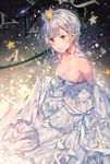  anastasia_(idolmaster) aqua_eyes bad_id bad_pixiv_id bare_shoulders blush breasts cleavage crown dress dsmile elbow_gloves gloves hat idolmaster idolmaster_cinderella_girls medium_breasts neck_ribbon open_mouth ribbon short_hair silver_hair smile solo white_dress white_gloves 