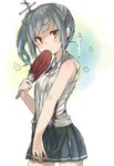  bad_id bad_pixiv_id bare_arms blush cowboy_shot fan grey_hair hair_ribbon highres kantai_collection kasumi_(kantai_collection) murakami_meishi pleated_skirt ribbon side_ponytail skirt sleeves_rolled_up solo suspenders translated yellow_eyes 