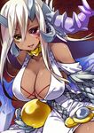  bare_shoulders blonde_hair breasts choker claws cleavage collarbone dark_skin dragon_girl dragon_horns dress egg facial_mark gold_egg_(p&amp;d) heterochromia highres horns large_breasts long_hair platinum_blonde_hair purple_eyes puzzle_&amp;_dragons scales shima_(6land) solo sonia_gran yellow_eyes 