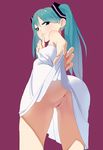  anus aqua_hair dress dress_lift finger_to_mouth from_behind green_eyes hatsune_miku highres long_hair looking_back naughty_face no_panties proyumer pussy shushing smile solo twintails uncensored vocaloid white_dress 