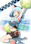  ;d armpits bell bike_shorts blue_hair cheerleader highres hoppege j._league jingle_bell kawasaki_frontale kawasaki_maruko midriff miniskirt multiple_tails navel one_eye_closed open_mouth pom_poms shorts shorts_under_skirt skirt smile solo standing standing_on_one_leg tail two_tails yellow_eyes 