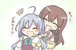  ahoge akagi_(kantai_collection) bow bowl bowtie brown_hair chopsticks commentary food food_on_face grey_hair jako_(jakoo21) japanese_clothes kantai_collection kiyoshimo_(kantai_collection) long_hair multiple_girls muneate open_mouth rice rice_bowl rice_on_face school_uniform smile translated 