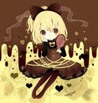  blonde_hair bow brown_eyes dress hair_bow heart kurodani_yamame mike_(mikeneko) mirror pantyhose ponytail ribbon short_hair smile solo touhou 