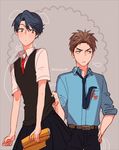  1girl bad_id bad_twitter_id blue_hair brown_eyes brown_hair gekkan_shoujo_nozaki-kun green_eyes height_difference hori_masayuki kanapy kashima_yuu necktie pleated_skirt reverse_trap school_uniform short_hair skirt 