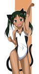  animal_ears arm_up cat_ears cat_tail collarbone competition_swimsuit covered_navel cowboy_shot dark_skin fang flat_chest francesca_lucchini green_eyes green_hair hair_ribbon highres komusou_(jinrikisha) long_hair one-piece_swimsuit open_mouth outline ribbon smile solo strike_witches swimsuit tail twintails world_witches_series 